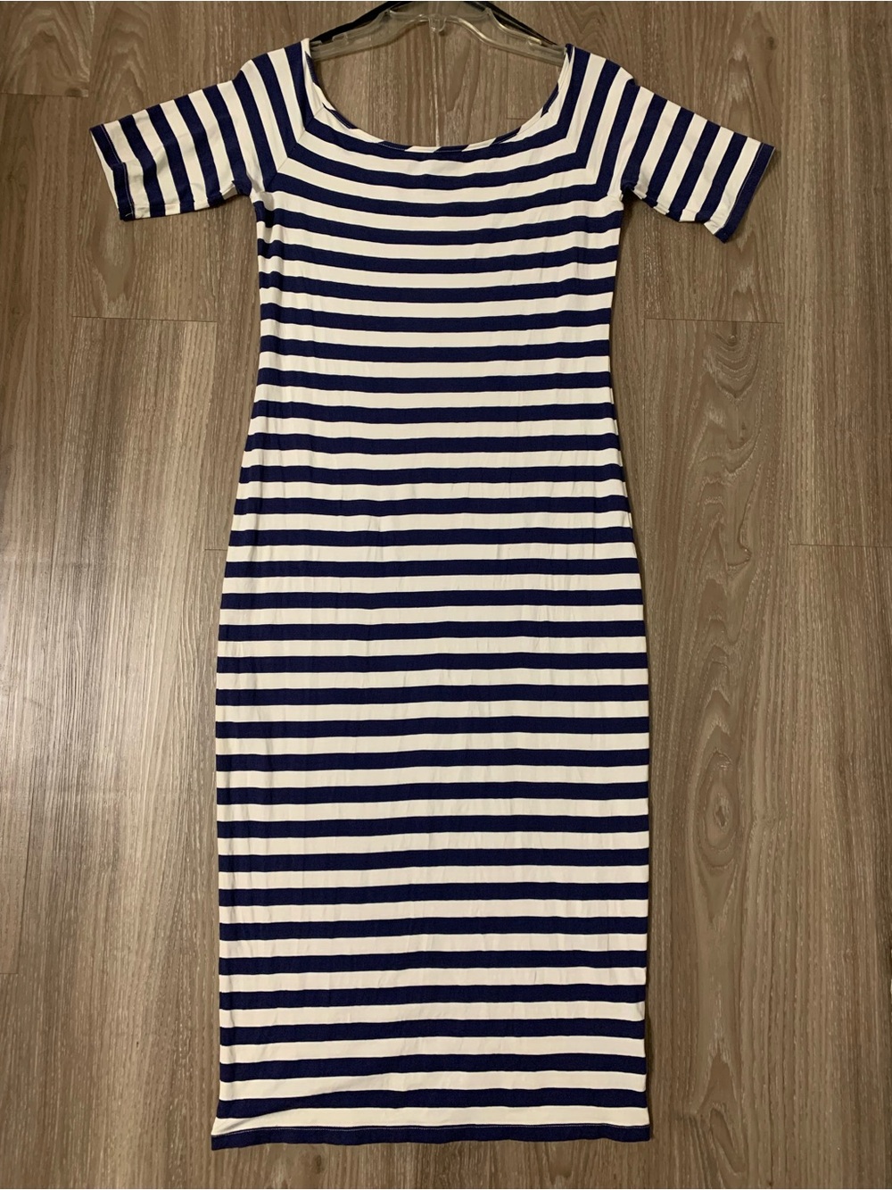 Bebe Striped Navy and White Midi Bodycon Dress